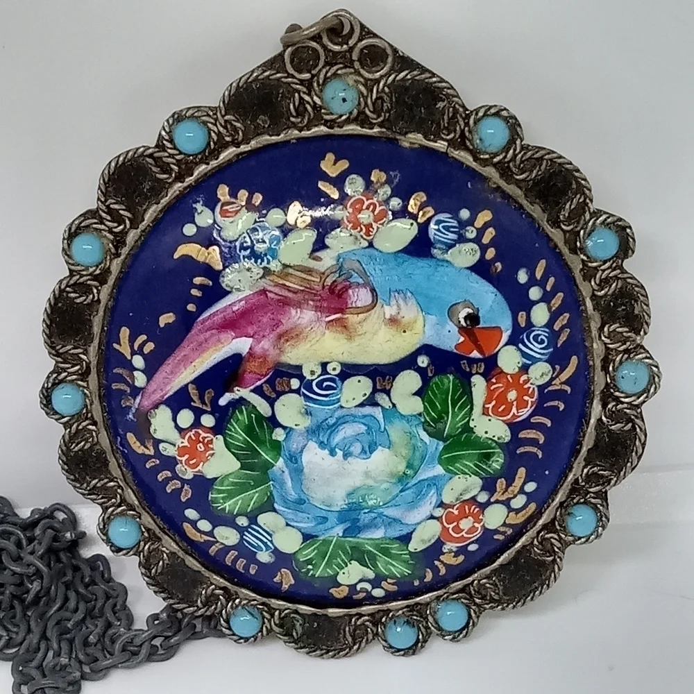* antique vintage handpainted on metal large bird scene Persian? 29